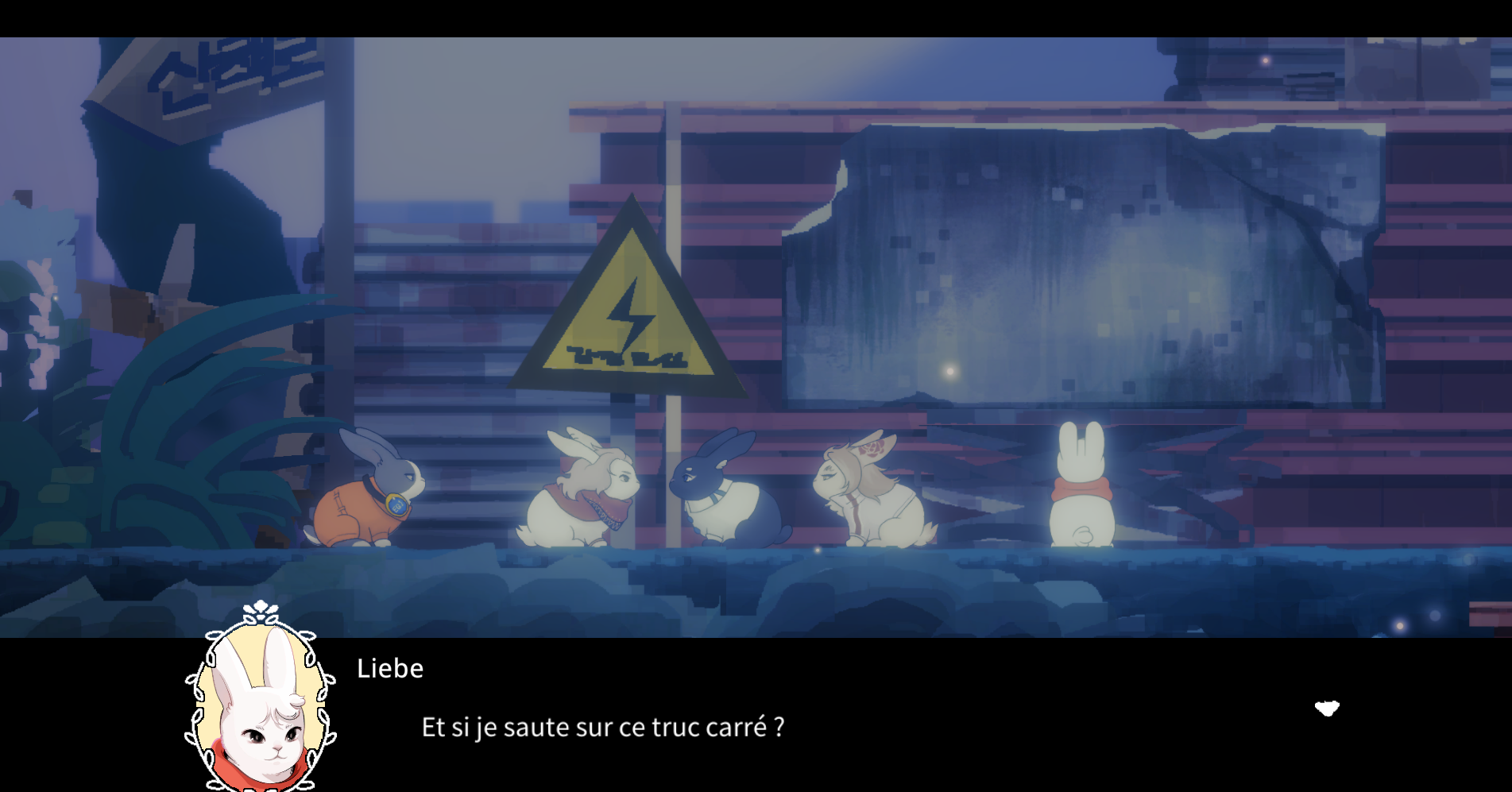 Liebe parle avec ses compagnons de route, aussi des lapins, explorant la prochaine route à prendre.