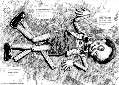 Illustration en noir et blanc montrant une marionnette de Pinocchio démembrée et gisant au sol. Le personnage en bois est désarticulé, ses membres (bras, jambes) sont détachés et éparpillés autour de son corps. Sa tête avec le nez allongé caractéristique est visible, et l'ensemble dégage une atmosphère sombre et inquiétante. Le style de dessin utilise des hachures denses pour créer des ombres dramatiques. Du texte en français est visible autour de l'illustration.