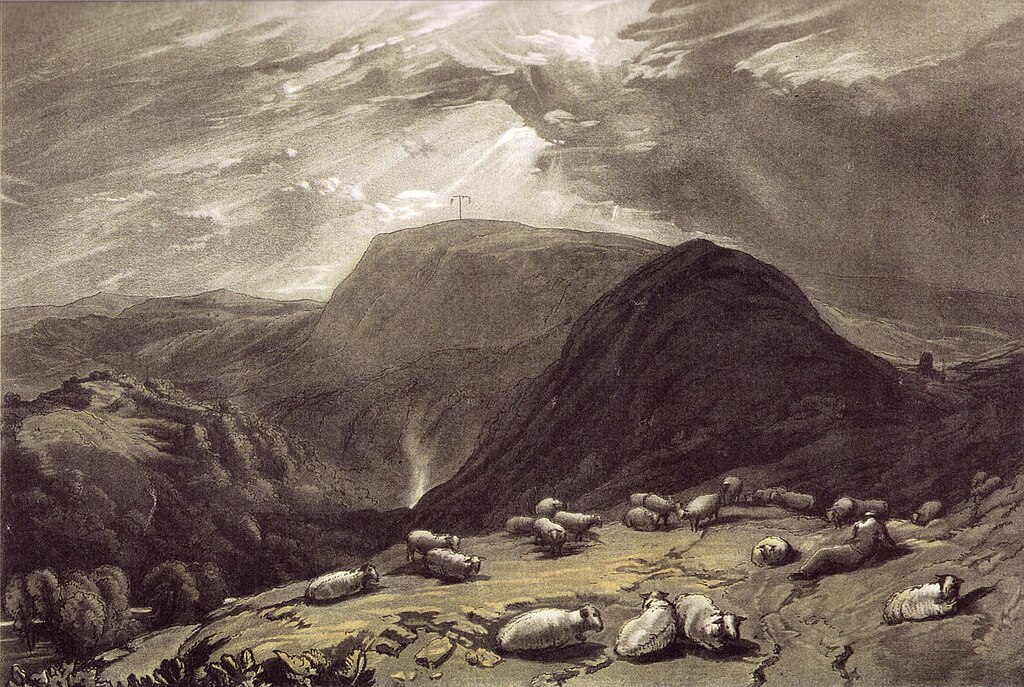 Cette œuvre de J.M.W. Turner présente un paysage pastoral montagneux caractéristique du style romantique de l'artiste. La composition montre un troupeau de moutons dispersé sur un terrain vallonné au premier plan, avec leurs formes blanches et laineuses contrastant contre les tons terreux du paysage.Les collines et montagnes s'élèvent en arrière-plan, créant une succession de plans qui donnent de la profondeur à la scène. Un petit crucifix ou une croix est visible au sommet de l'une des collines, ajoutant une dimension spirituelle au paysage. Le ciel occupe une large portion de la composition, avec des nuages dramatiques rendus dans les tons sépia caractéristiques de cette gravure ou lithographie. L'ensemble dégage une atmosphère sereine et contemplative typique des paysages romantiques anglais, où Turner capture la beauté pastorale de la campagne britannique avec sa technique virtuose du clair-obscur et sa sensibilité particulière aux effets atmosphériques.